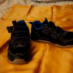 Size 1, little boys, Sketchers velcro closure gym shoes. Black, blue and grey.
